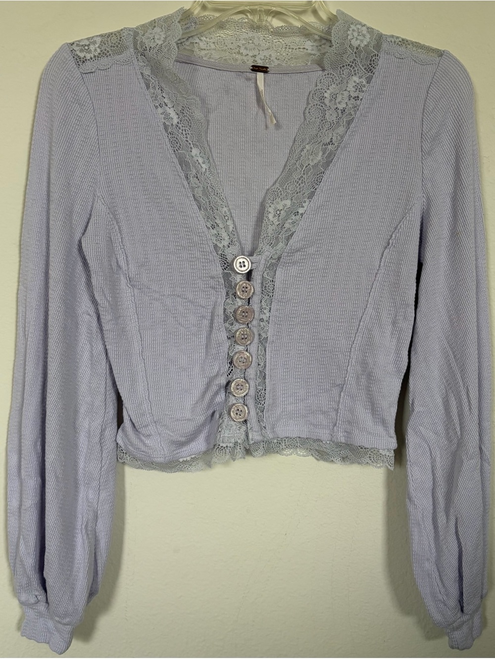 Free People Lavender Lace-Trim Cropped Cardigan
